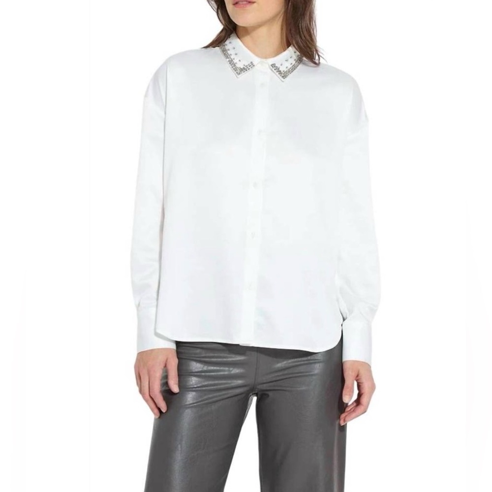 NEW LYSSE aurora beaded shirt in off-white xl